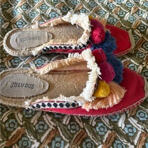 Soludos Red Espadrille Slides with Multicolor Pom Poms